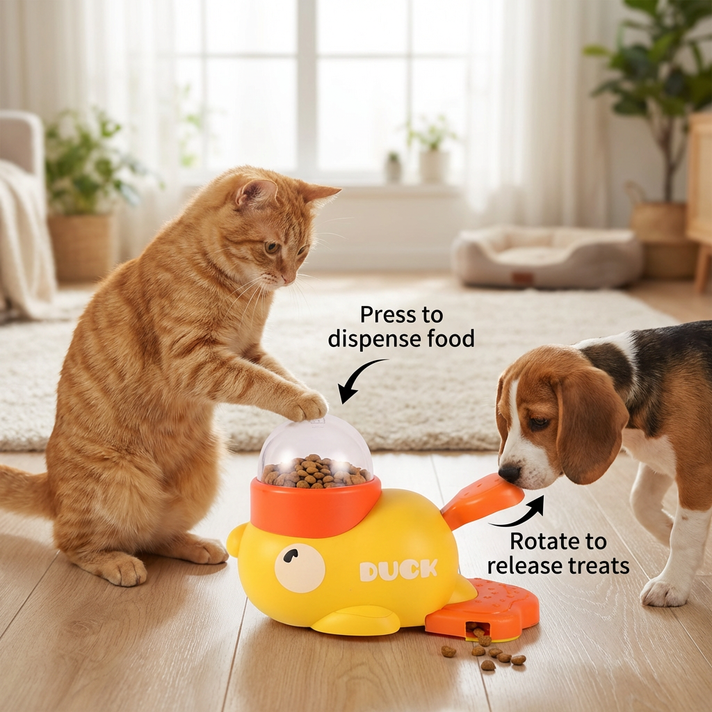 Interactive duck-shaped educational pet feeder